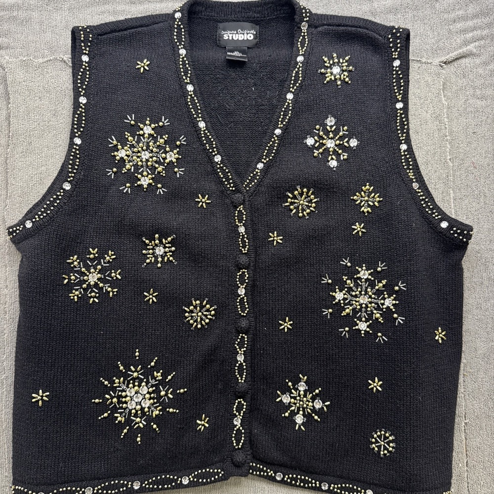 Vintage holiday sweater vest black beaded snowflake embroidered knit‎ women XL